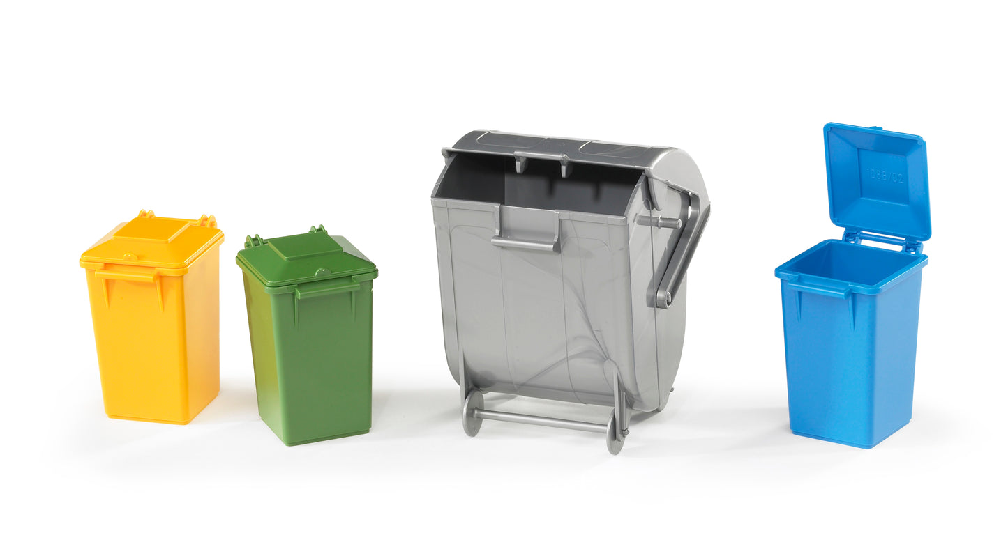 Bruder Garbage Can Set 02607 featuring three coloured wheelie bins and one large grey waste bin for 1:16 scale refuse trucks
