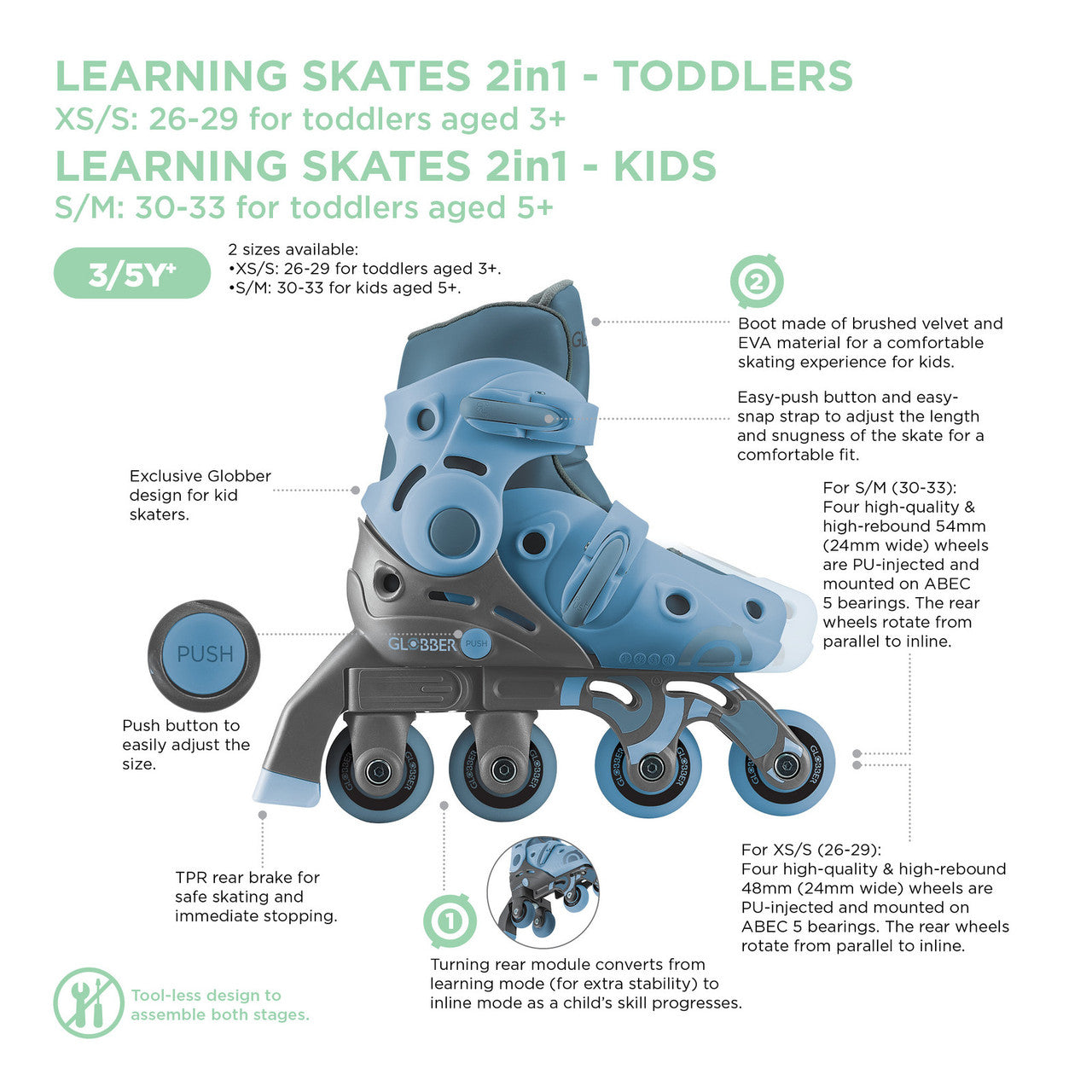 Globber Learning Inline Skates 2in1 for Kids: Size 29-32 - Pastel Pink