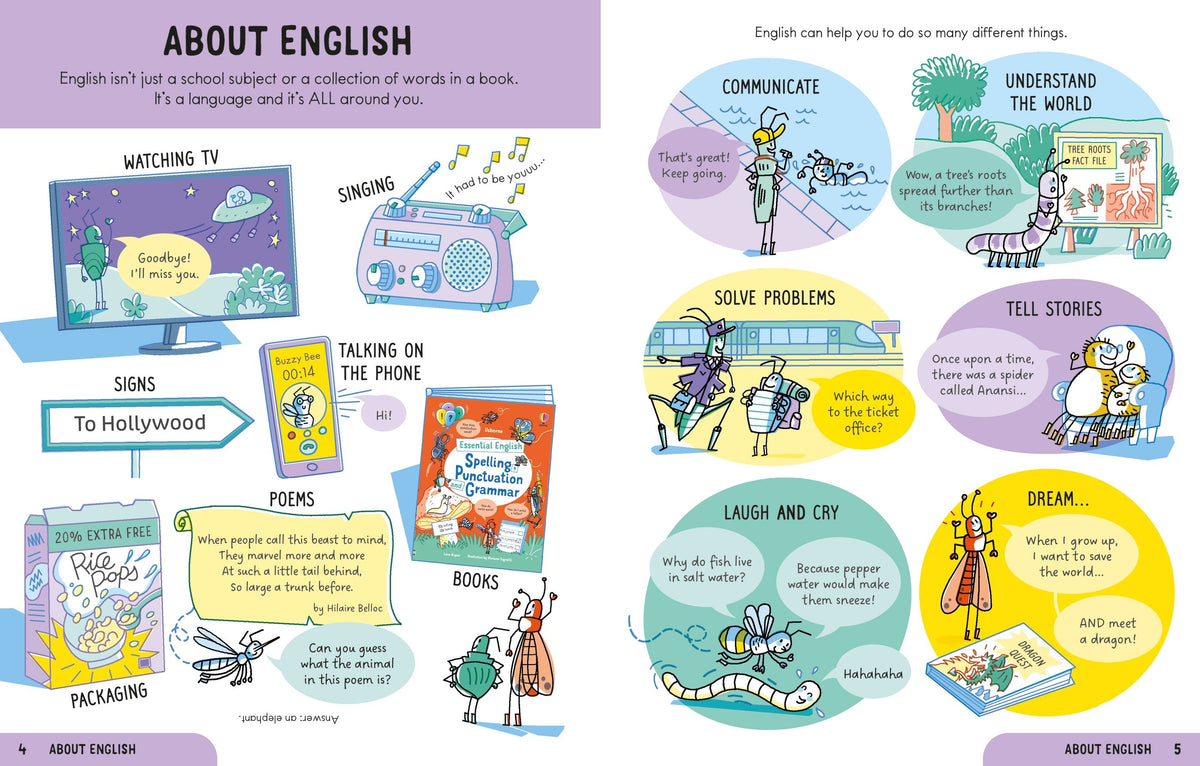 Double-page spread showing the clear, bite-sized layout of this Usborne English grammar book for age 7