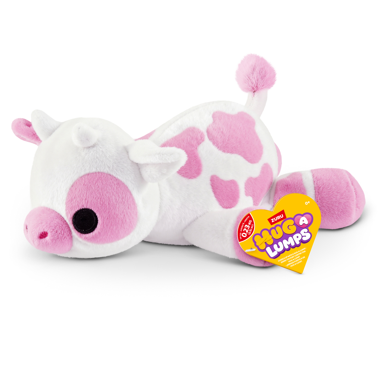 ZURU Hug-a-Lumps weighted fluffy plush pink and white cow soft toy with soft fur and pom pom tail, cuddly sensory comfort plush for kids.