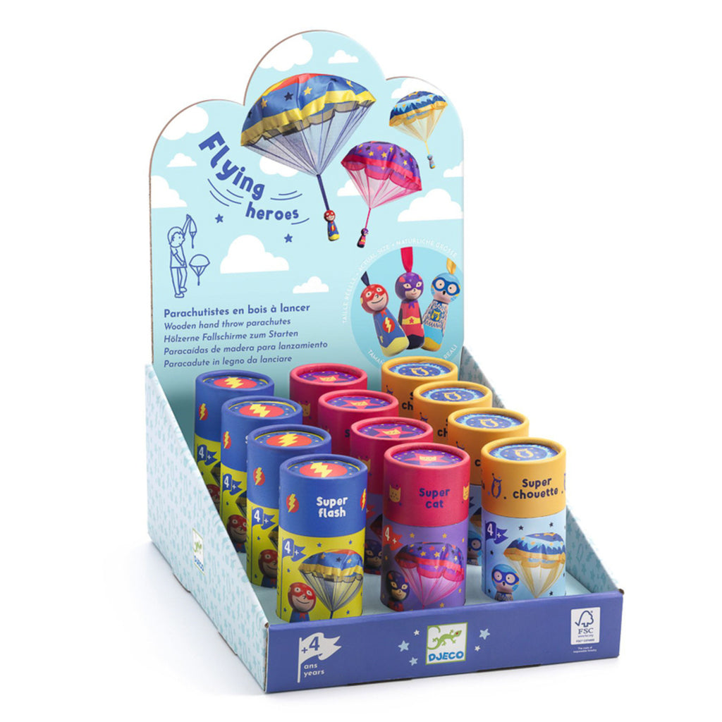 Djeco Flying Heroes Parachutists in their compact packaging, a classic outdoor throwing toy for children aged 4+