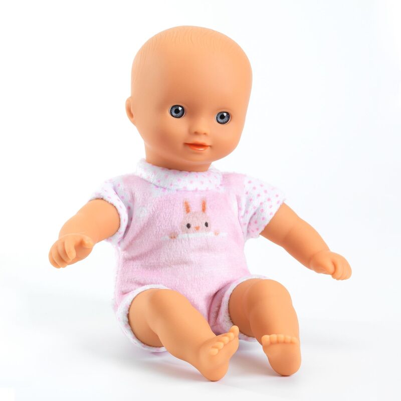 Djeco Mini Pomea Soft Doll Poppy - A sweet 20 cm Mini Pomea Poppy soft doll with printed clothing and a cuddly body for nurturing play.