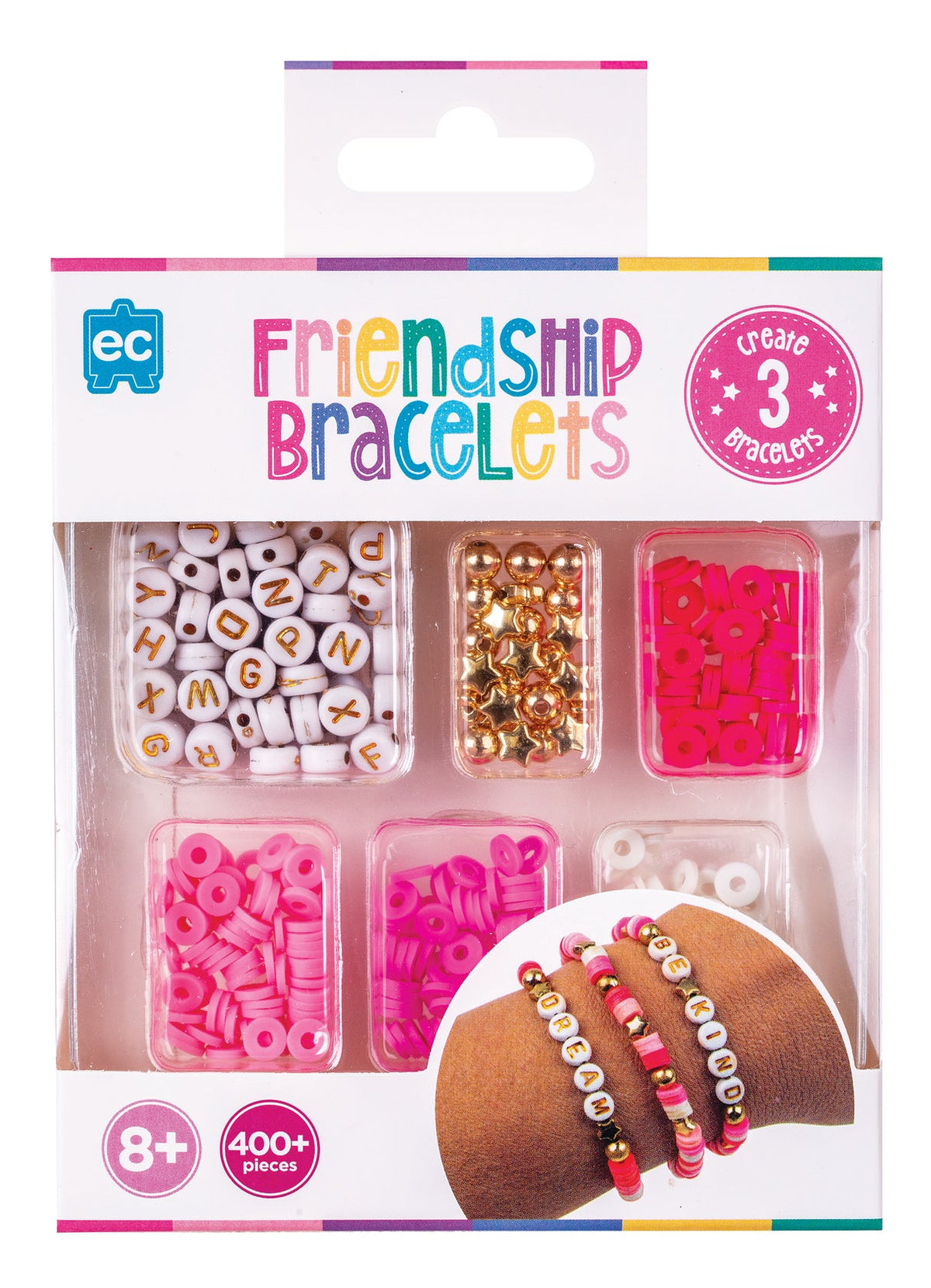 EC Toys Friendship Bracelets craft kit in retail packaging, containing 400+ colorful letter beads, pink beads, gold beads, and heart beads, with an inset showing the bracelets worn on a wrist.