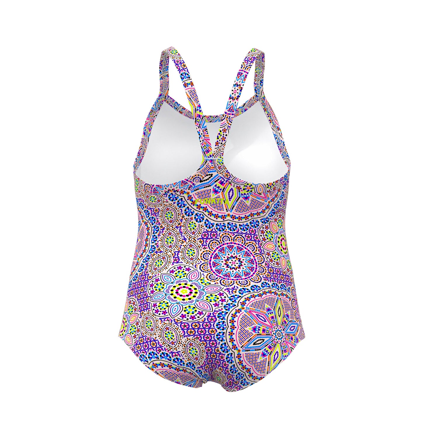 Funkita Love Lacy toddler girls one piece swimsuit in a colourful lace-inspired print, shown from the front