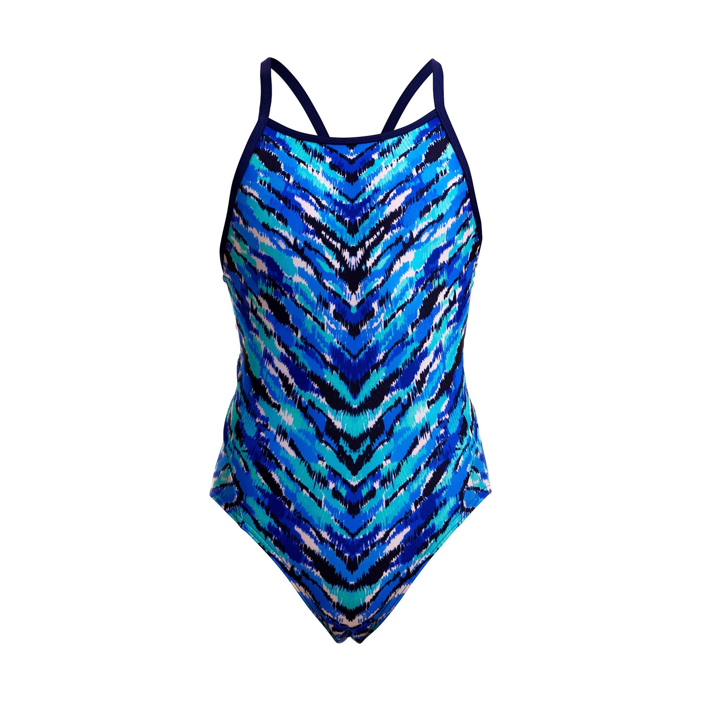 Funkita Fur Seal girls diamond back one piece swimsuit, front view showing the printed body and single bind straps