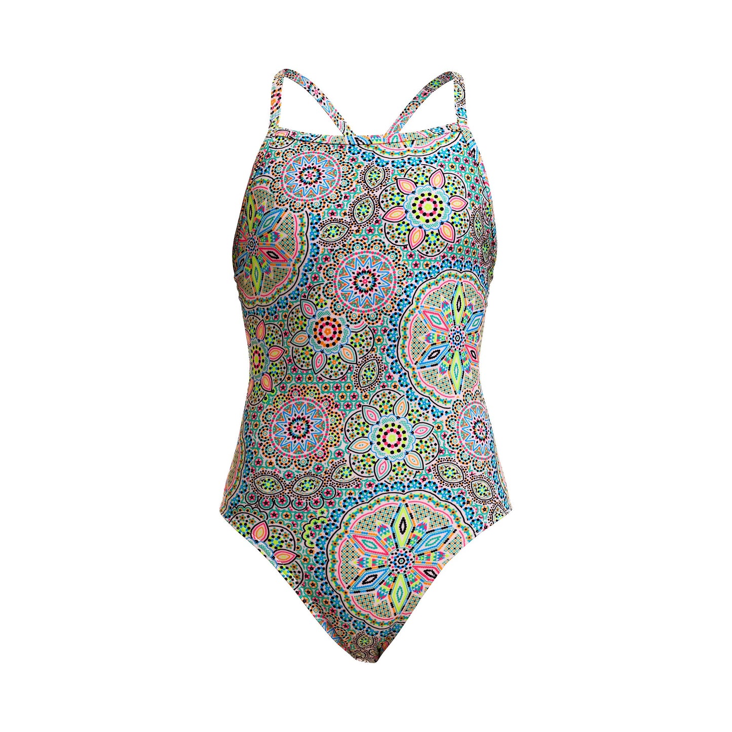 Funkita Pretti Penny girls tie me tight one piece swimsuit, rear view showing the adjustable tie-back straps