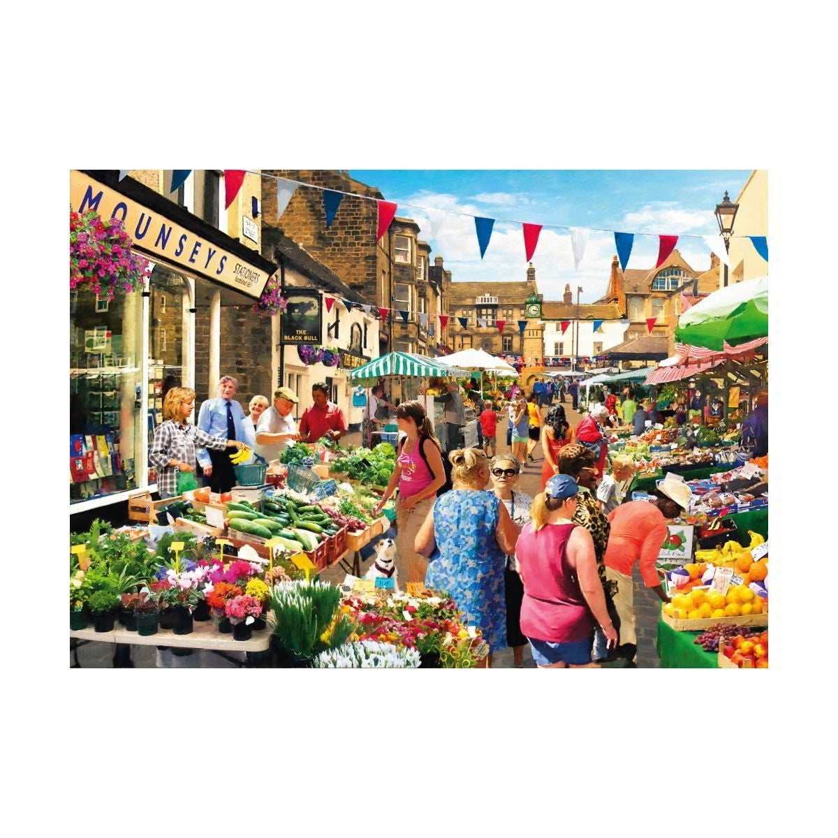 Colorful outdoor market scene Puzzle with people shopping and stalls displaying goods.