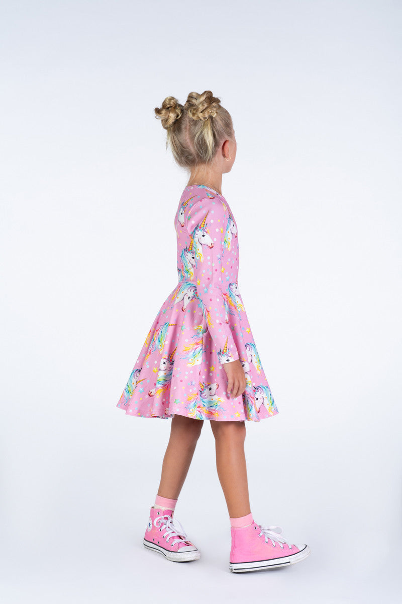 Rock Your Baby - Dotty Unicorn Long Sleeve Waisted Dress (sizes 8-12)