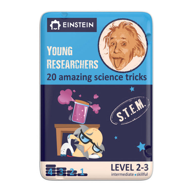 Card packaging for 'Young Researchers' with Einstein's face and science-themed graphics on a white background.
