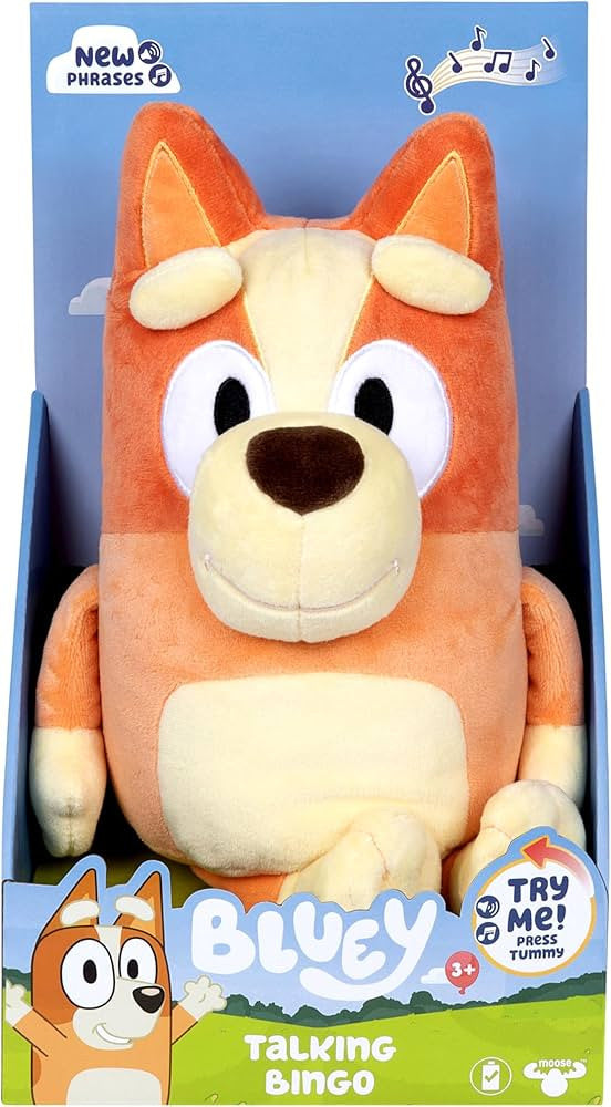 Bluey® Talking Bingo Plush interactive soft toy featuring sound phrases activated by pressing Bingo's tummy