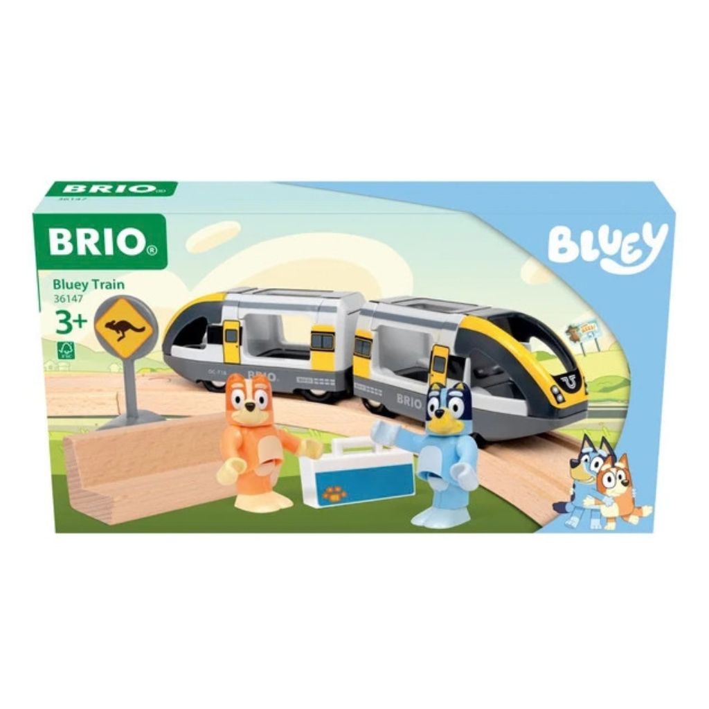 BRIO Bluey wooden toy train with Bluey and Bingo figures seated in the travel engine and travel wagon
