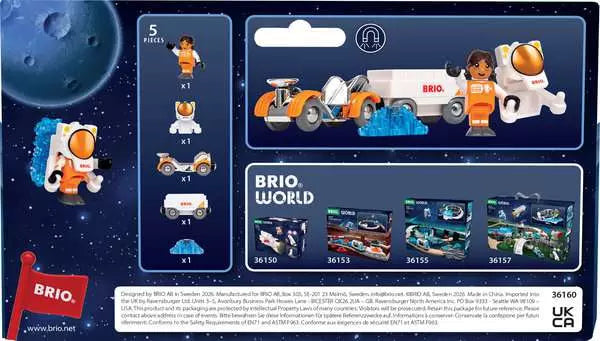 Back of BRIO World Space Rover 36160 packaging showing five included pieces