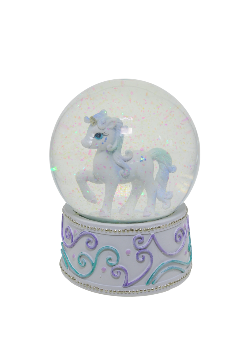 Unicorn snow globe with pastel colours and sparkling glitter decorative base