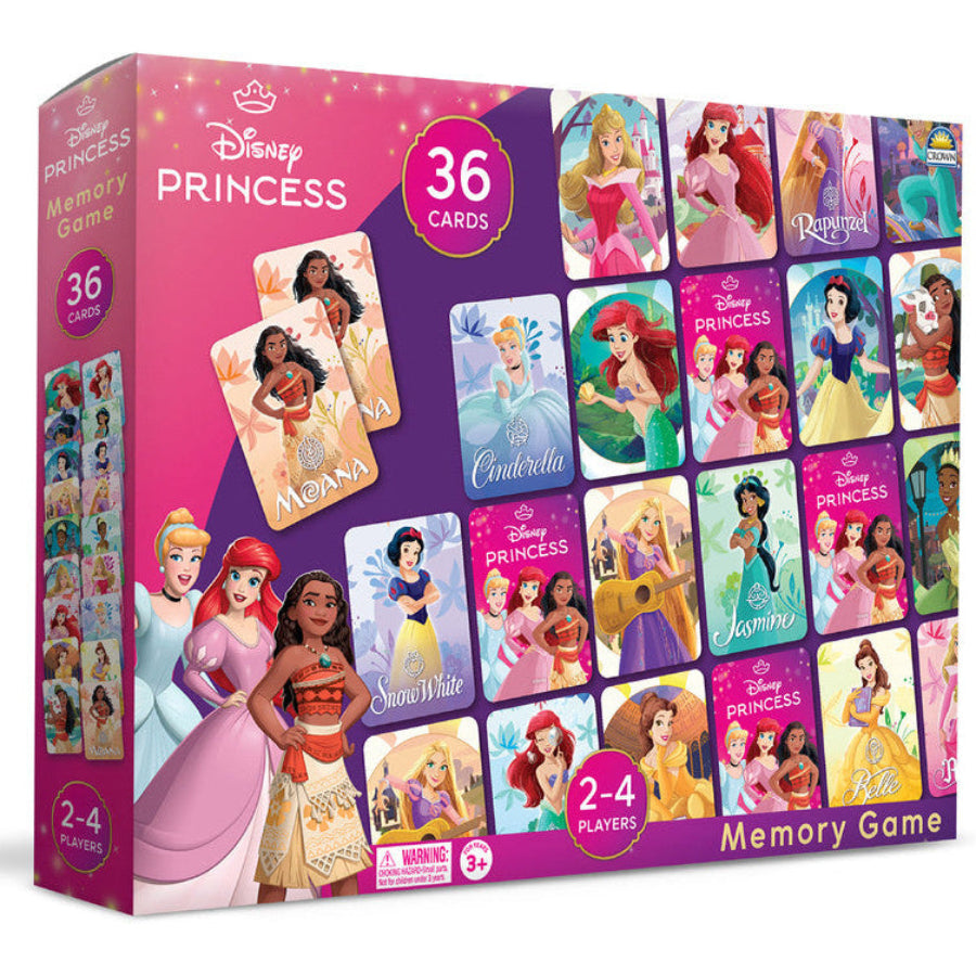 Disney Princess memory game with 36 matching cards featuring Ariel, Cinderella, Moana and Rapunzel