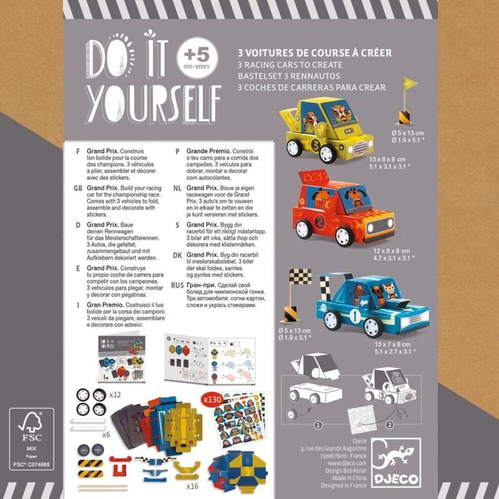 Djeco Do It Yourself Grand Prix craft kit box, a model-making activity for car-loving kids
