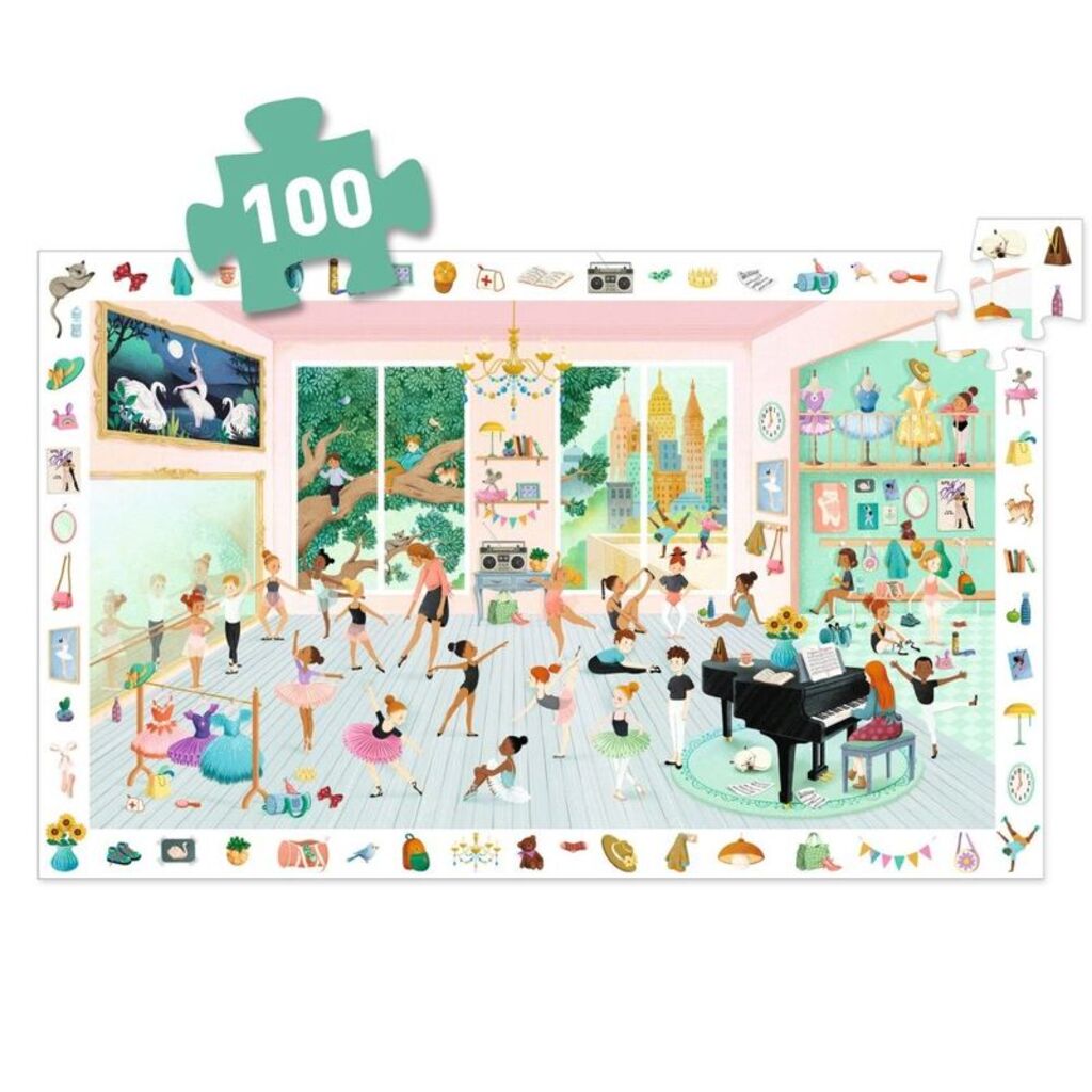 Djeco The Dance School 100pc observation puzzle box, with hidden details for children to find once it is complete