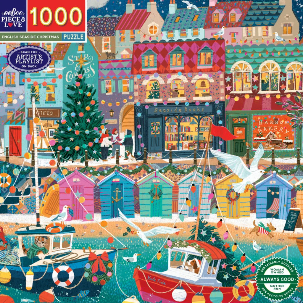 Completed English Seaside Christmas puzzle, 58 x 58 cm, showing a seaside promenade and pier decorated for Christmas