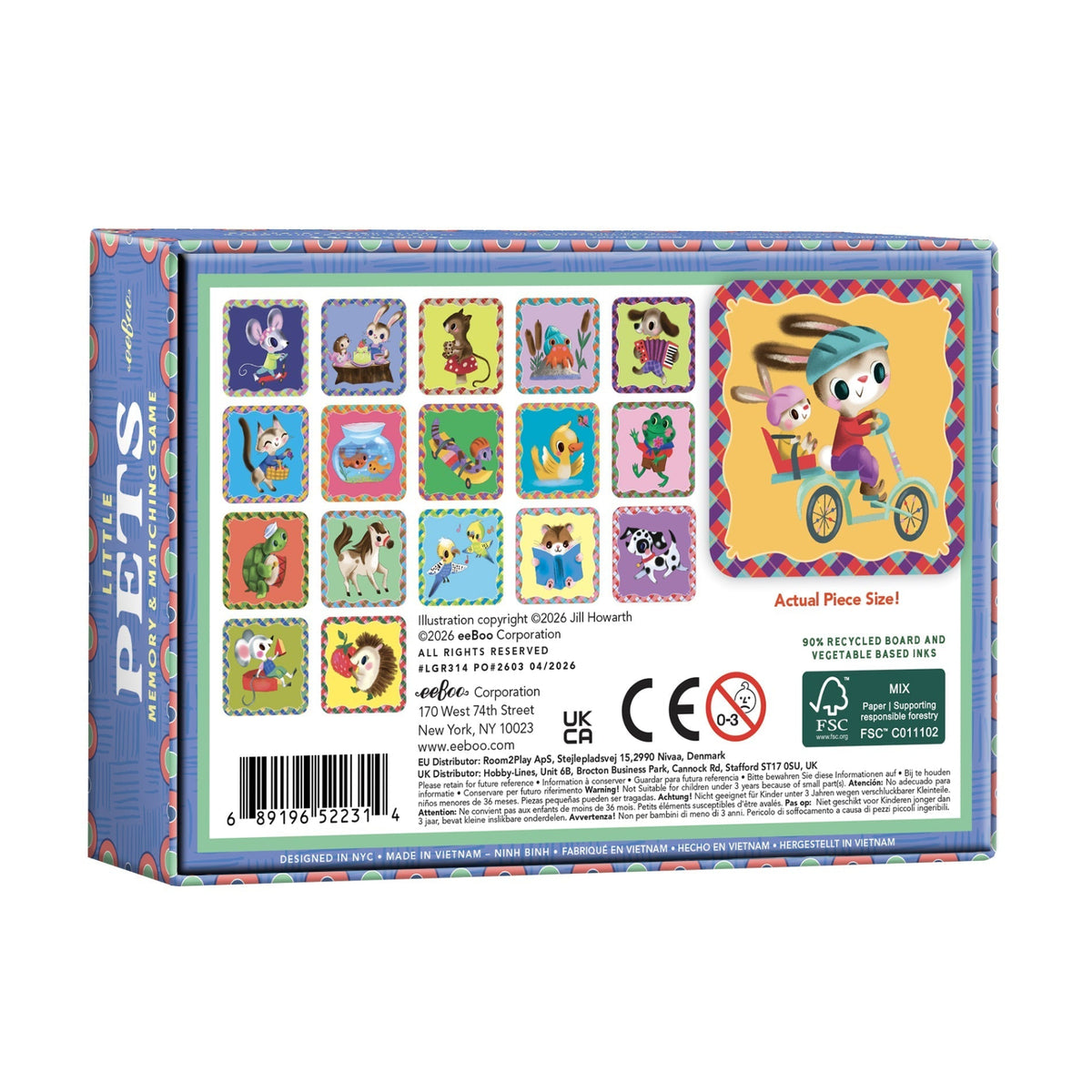 Back of eeBoo Little Pets Memory & Matching Game box displaying the illustrated animal card designs, actual card size and product information.