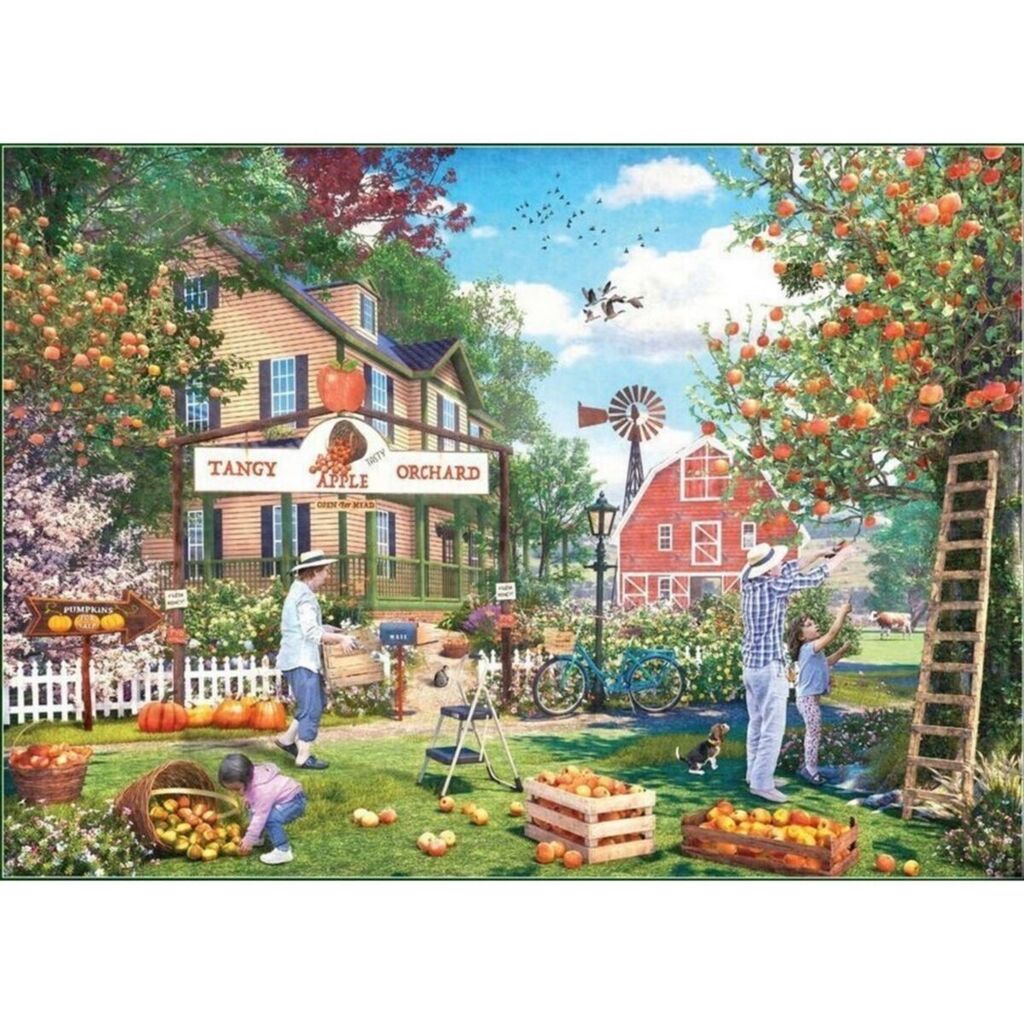 Apples puzzle artwork detail with crates of red and green fruit and ladders leaning into orchard trees