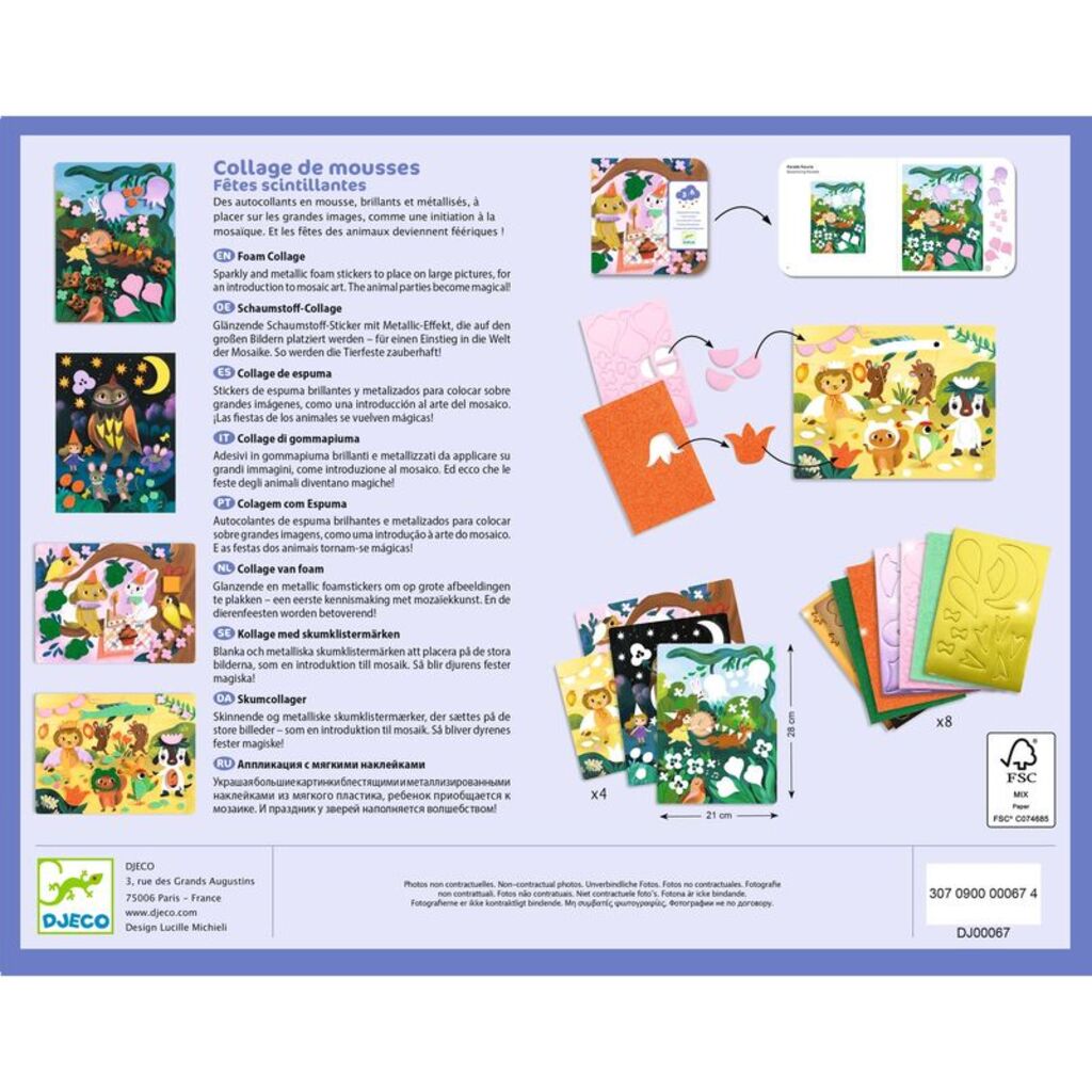 Djeco educational material with foam sheets and instructions on a blue background