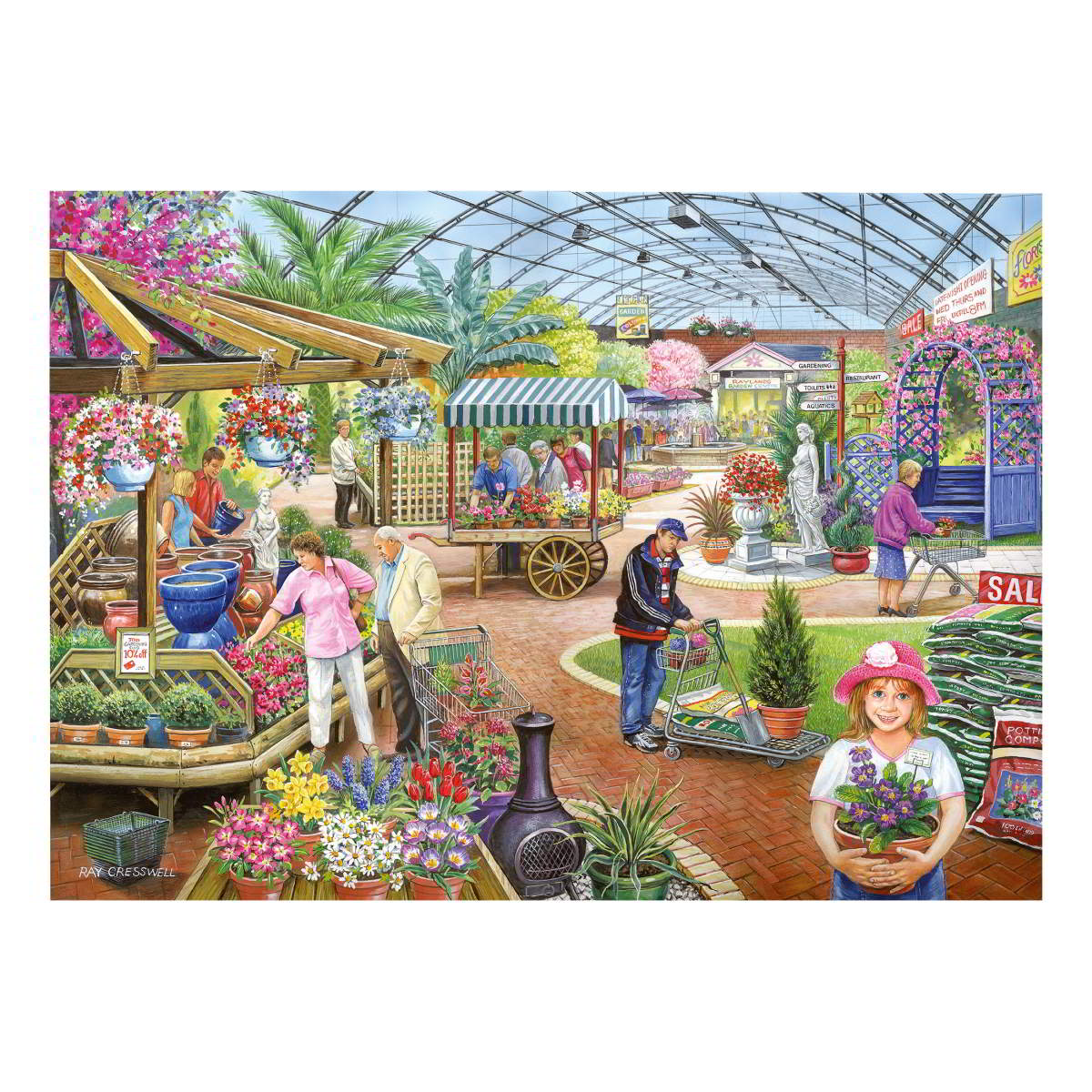 Gardening scene with people shopping in a greenhouse