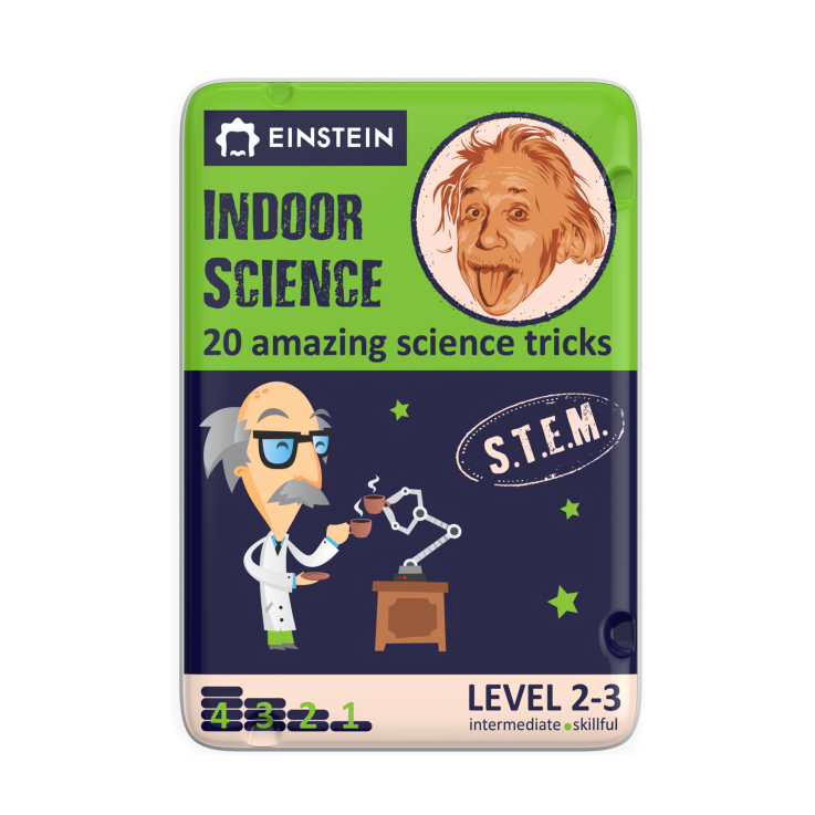 Einstein indoor science kit packaging with cartoon scientist and educational design on a white background