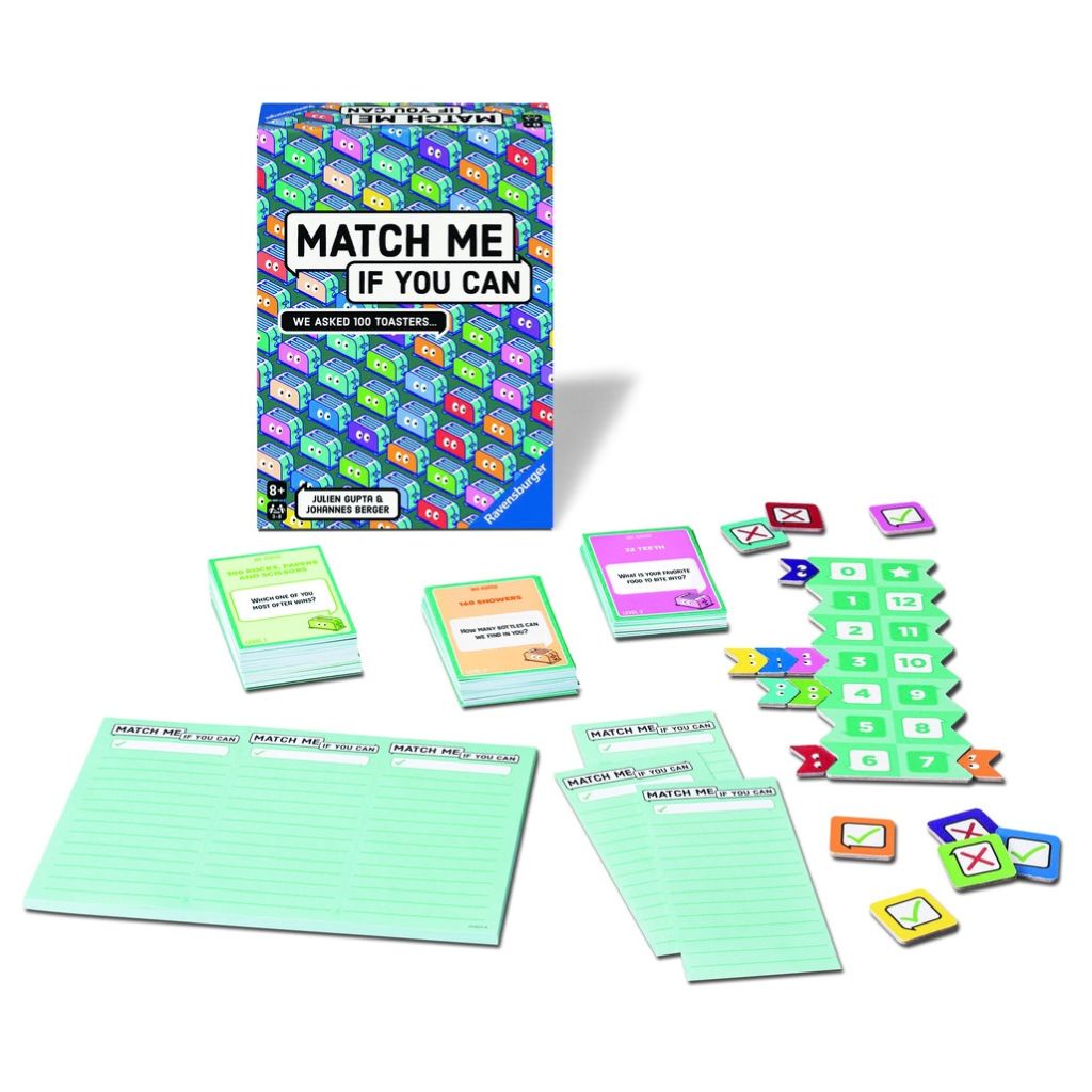 Group of friends laughing while revealing matching answers during a game of Ravensburger Match Me If You Can