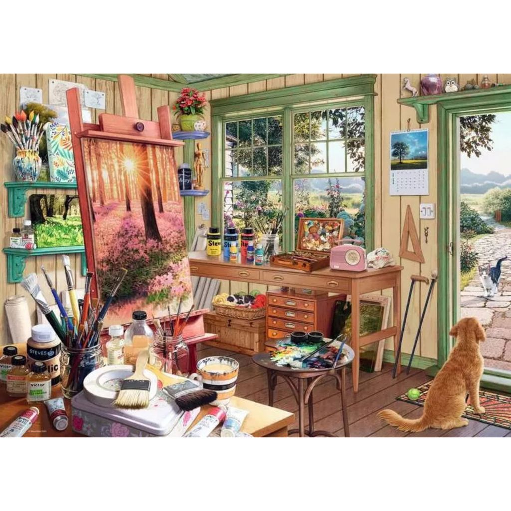 Completed My Haven Artist's Shed jigsaw puzzle with canvases, jars of paint brushes and works in progress