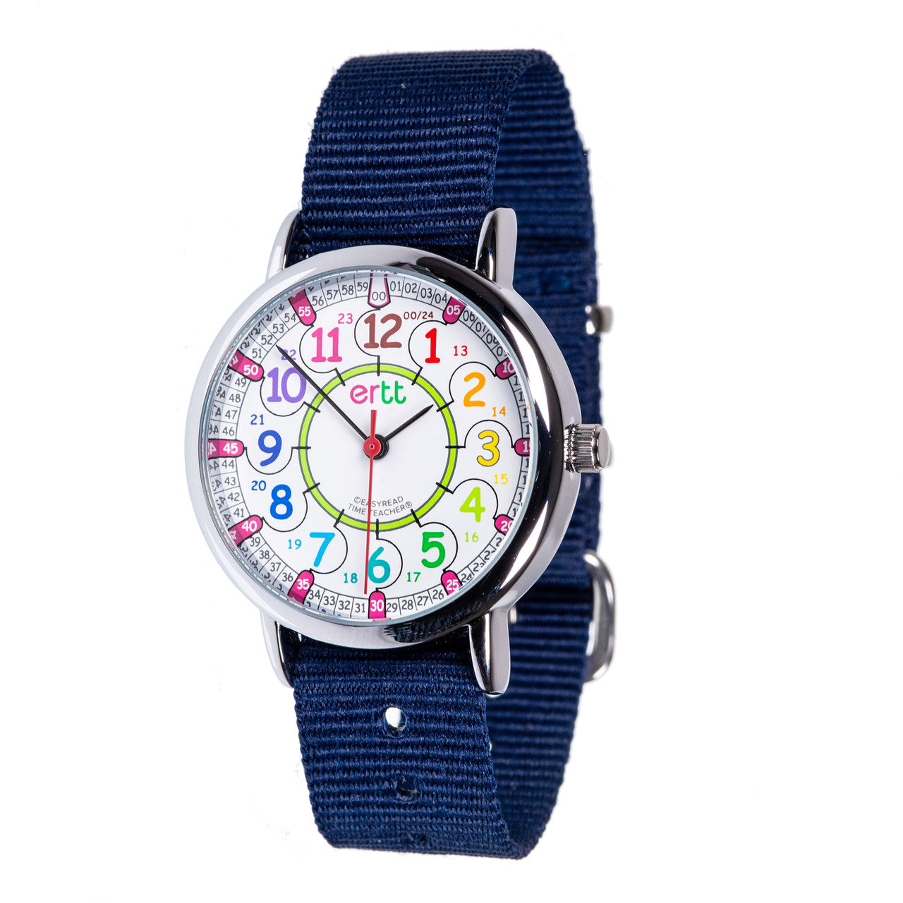 EasyRead Time Teacher 12/24 Hour Watch - Rainbow Face with Navy Strap