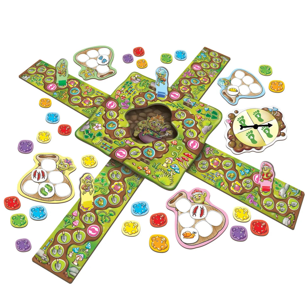 Orchard Toys Troll in a Hole double-sided board game featuring colourful trolls, mushrooms and fun educational gameplay for kids.