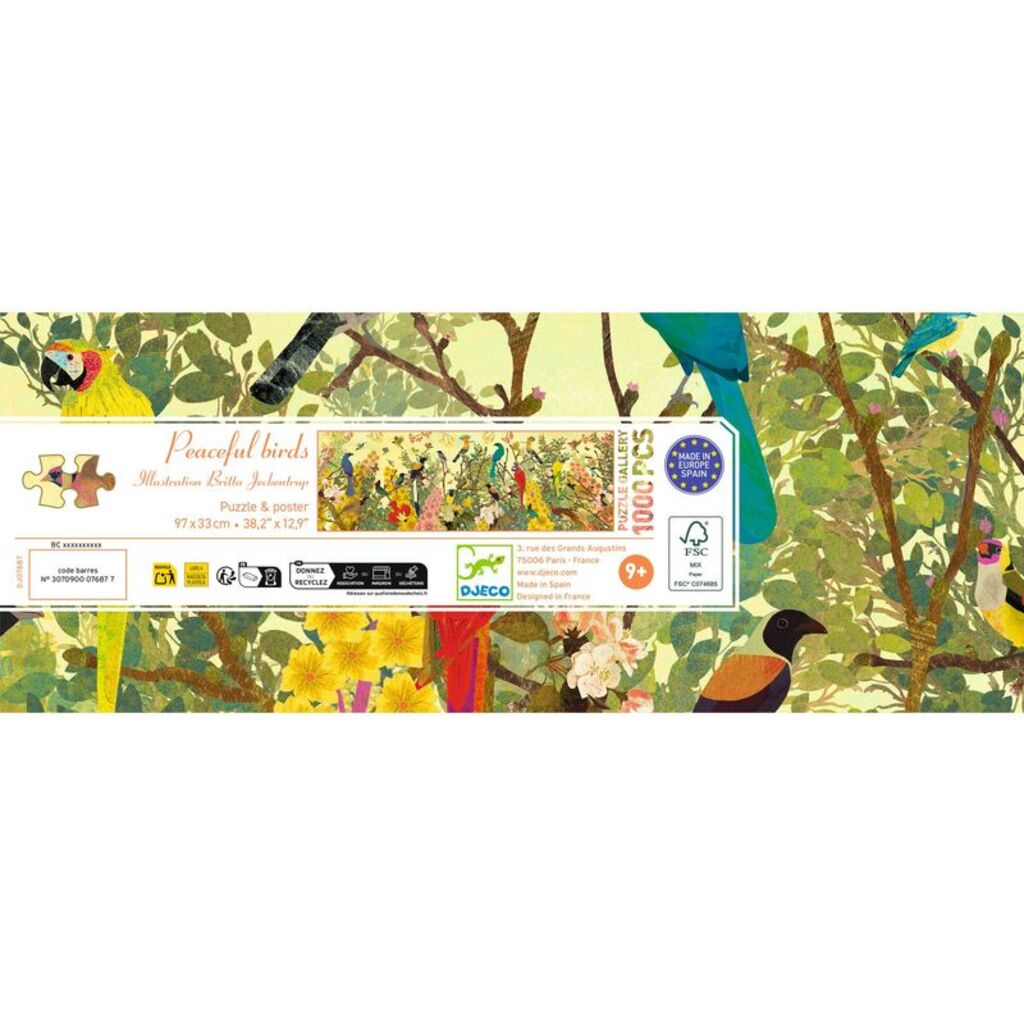 adult assembling the 1000-piece Peaceful Birds panoramic puzzle on a large flat table