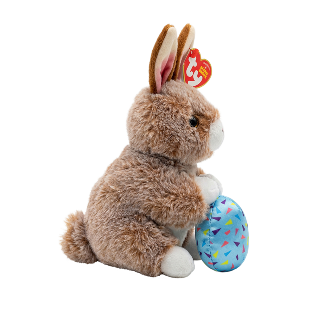Side view of the Praline the Brown Rabbit Regular 15cm Ty plush with the red Ty Heart swing tag attached