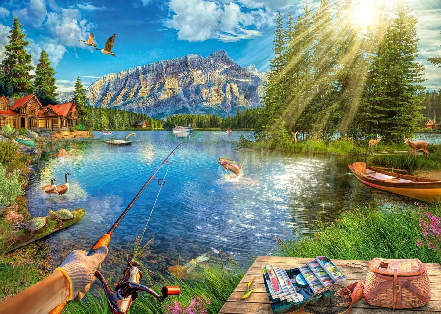 Close-up of the completed Ravensburger Life at the Lake puzzle showing the matte glare-free finish