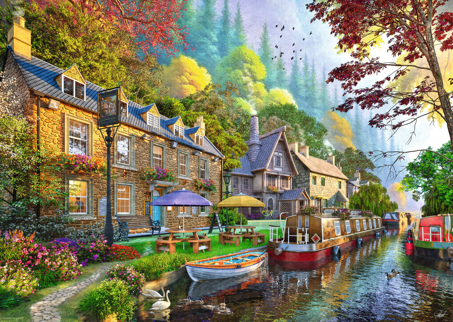 Ravensburger Down the Lane No. 6 Canal Side Lane 1000 piece jigsaw puzzle featuring a picturesque canal with colourful cottages, boats, swans and blooming gardens