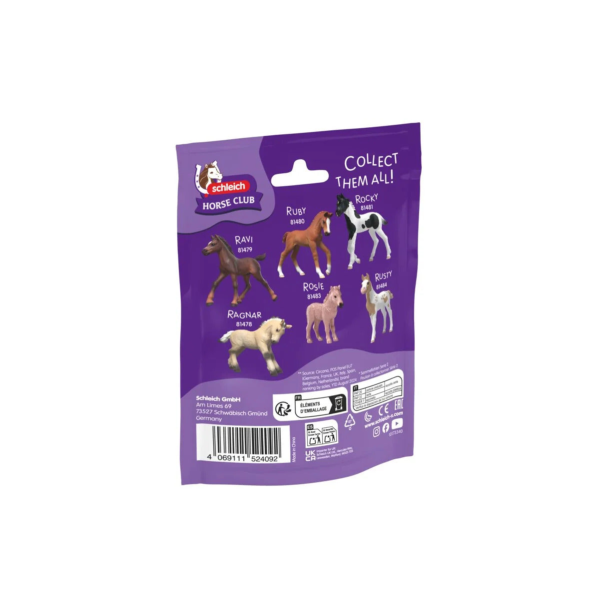 Reverse of the Collectible Foal Reina 81482 pack, showing the collector's poster of all seven foals