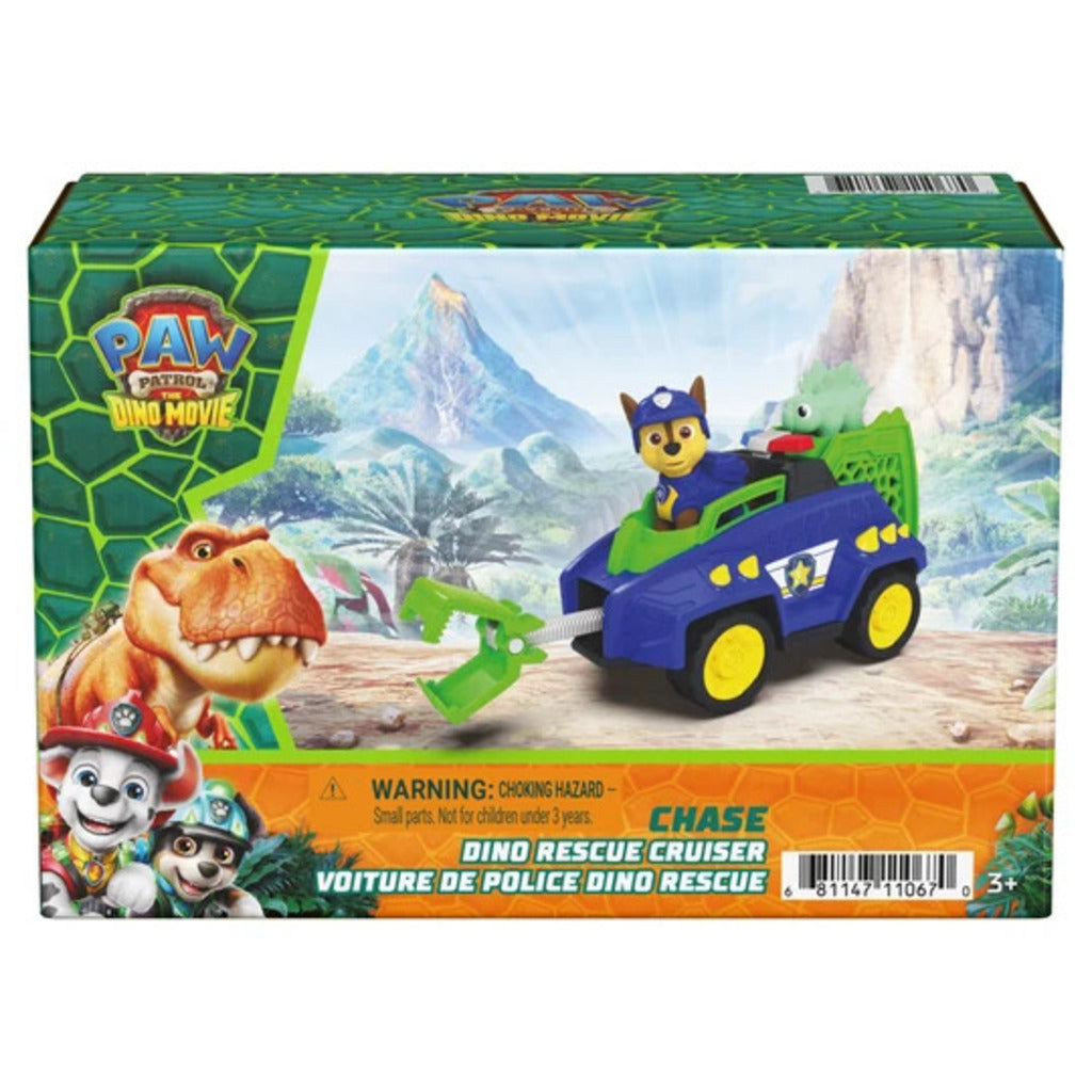 Chase PAW Patrol Dino Movie vehicle in its retail packaging with the pup and dinosaur figures in view