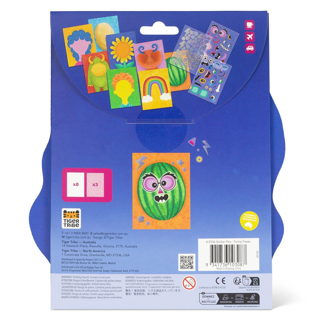 Rear of the Funny Faces sticker craft box listing the kit contents and the recommended age range