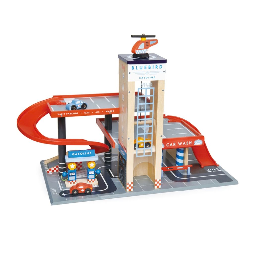 Tender Leaf Toys Blue Bird Service Station in its gift box, a rubberwood garage playset
