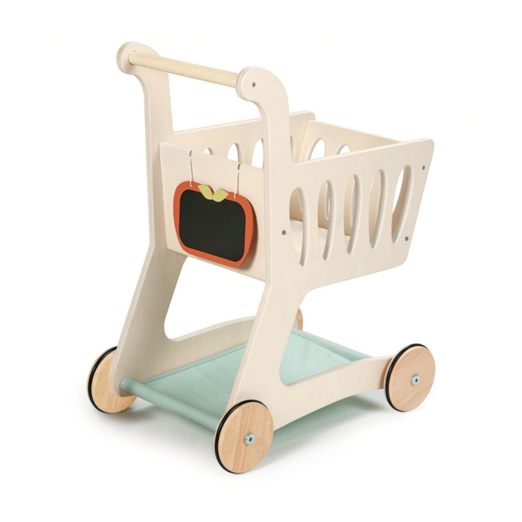 Tender Leaf Toys wooden shopping cart shown with grocery toys, a push-along trolley for ages 3+