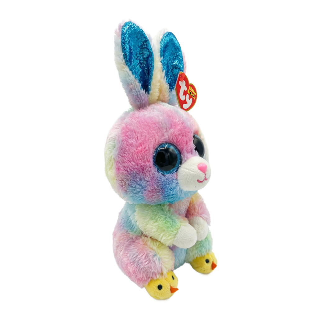 Side view of the Twitches the Rabbit Ty Beanie Boo photographed with its red Ty Heart swing tag visible