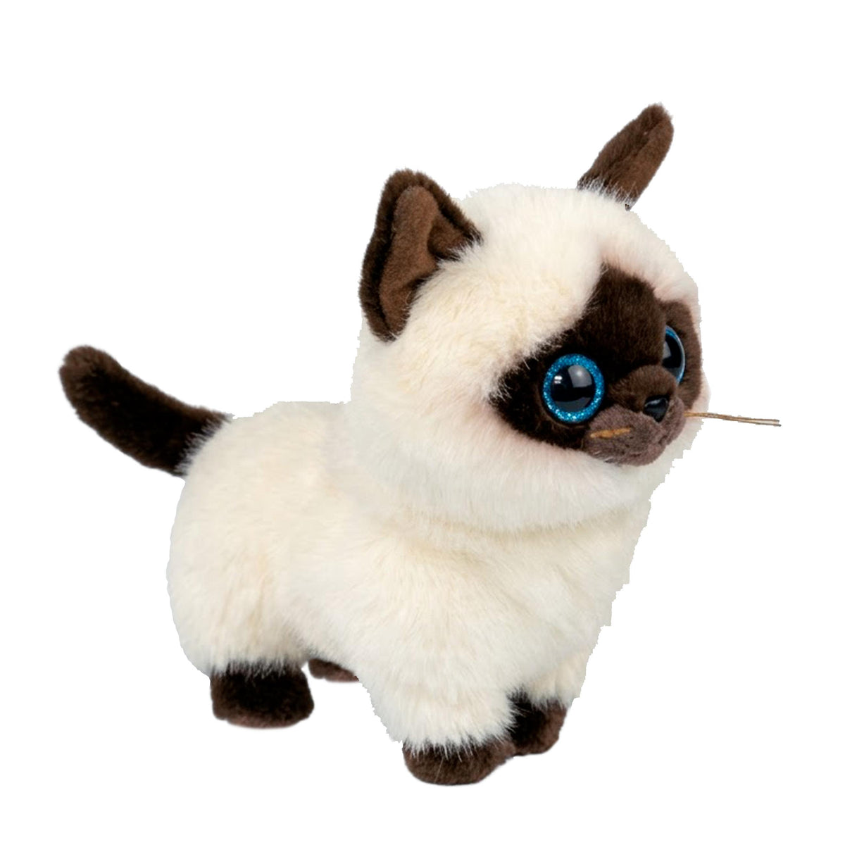 A plush Siamese kitten toy with cream-colored fur, dark brown ears, paws, and tail, and large blue eyes, shown on a plain white background.