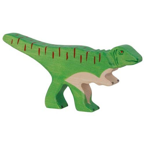 Green dinosaur toy figure on a white background