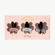 Oh Flossy French Flair Nail Polish Set featuring peach, white and clear nail polish for kids