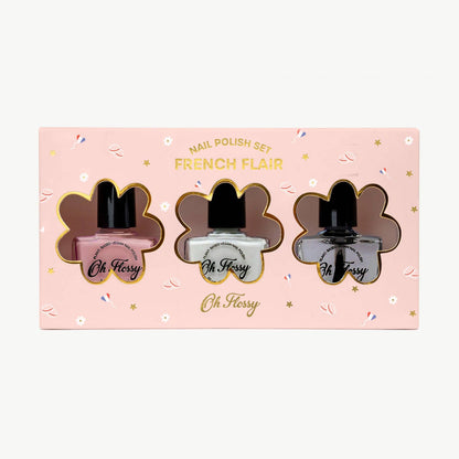 Oh Flossy French Flair Nail Polish Set featuring peach, white and clear nail polish for kids
