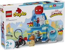 LEGO DUPLO Marvel Team Spidey Webquarters 10464 featuring Spidey, Miles Morales, Rhino, vehicles and superhero headquarters