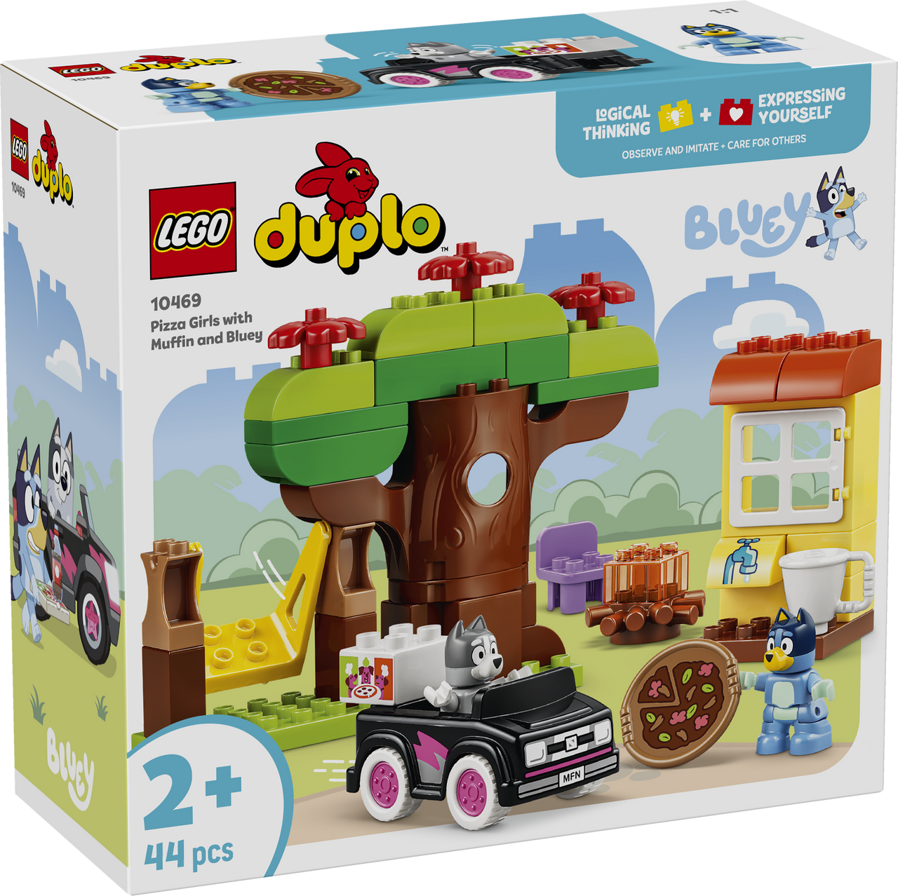 LEGO DUPLO Bluey Pizza Girls with Muffin and Bluey 10469 featuring Bluey, Muffin, toy car, tree swing and pizza play accessories
