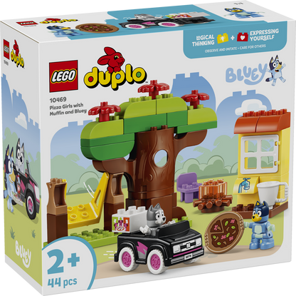 LEGO DUPLO Bluey Pizza Girls with Muffin and Bluey 10469 featuring Bluey, Muffin, toy car, tree swing and pizza play accessories