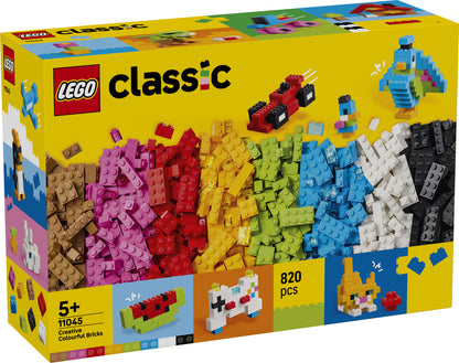 LEGO Classic Creative Colourful Bricks 11045 featuring 820 colourful building pieces and creative model ideas including animals, vehicles and food
