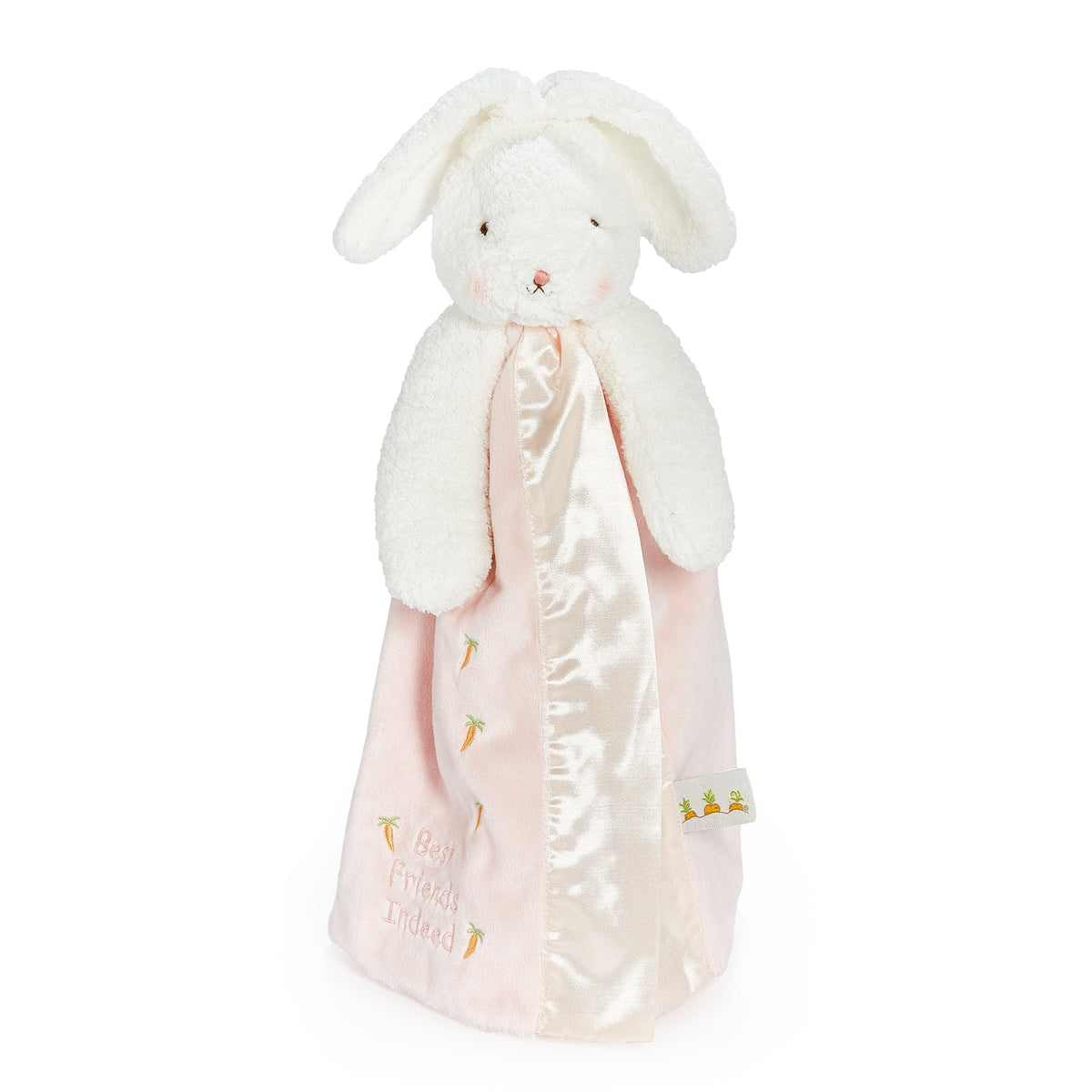 White plush bunny buddy blanket with floppy ears, pale pink velour fabric, satin trim and embroidered carrots.