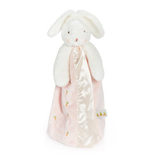 White plush bunny buddy blanket with floppy ears, pale pink velour fabric, satin trim and embroidered carrots.